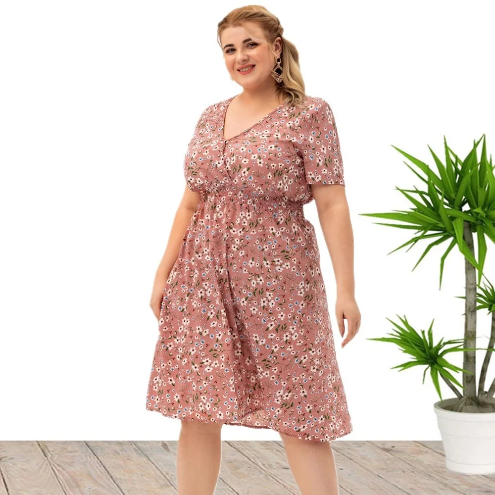 Plus Size 2023 Large Women's Summer New Short-sleeved Flower Printed Dress Xl,2xl,3xl,4xl,5xl 3xl 4xl 5xl 6xl