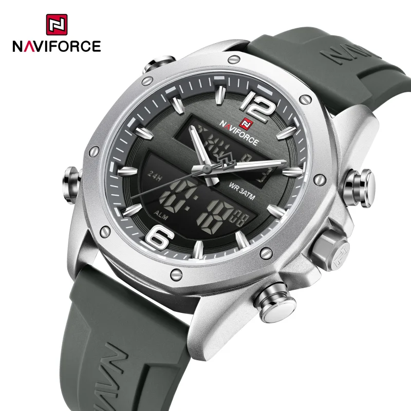 Фото NAVIFORCE Мужские кварцевые ЖК-часы с двойным дисплеем и силиконовым ремешком 3ATM Водонепроницаемый противоударный ночник с круглым корпусом Спортивный повседневный №1