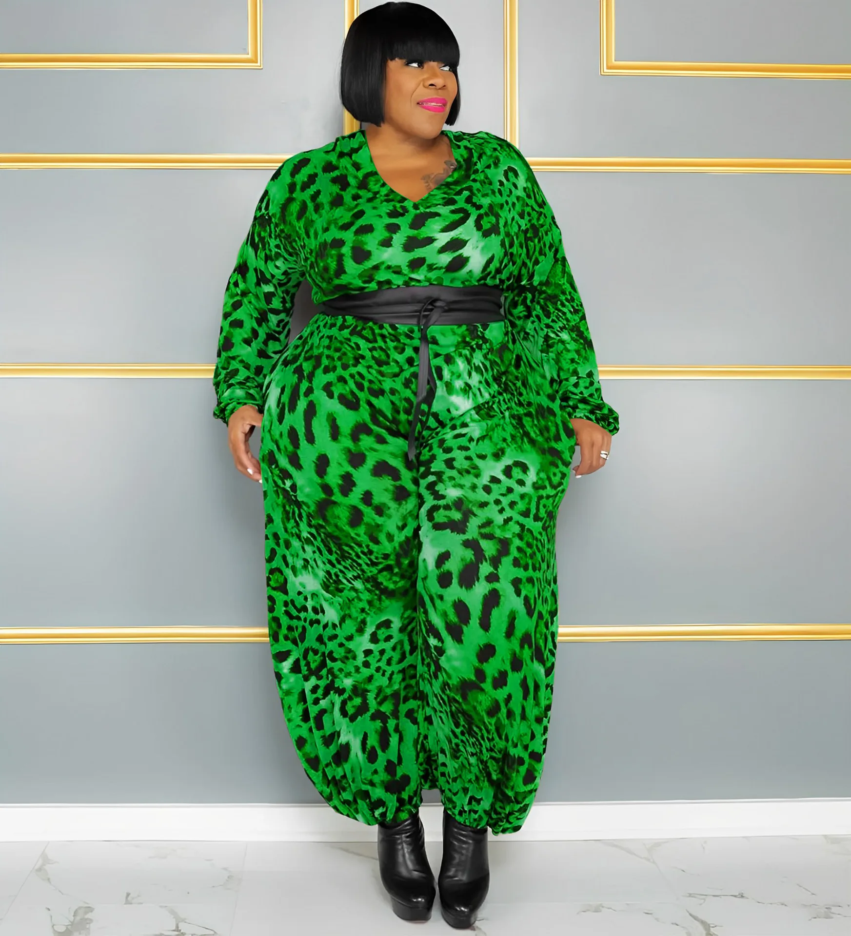 Plus Size Elegant Jumpsuit For Women Leopard Casual One Piece Outfit 2022 Fall Female V Neck Jumpsuit Lady Designer Pants