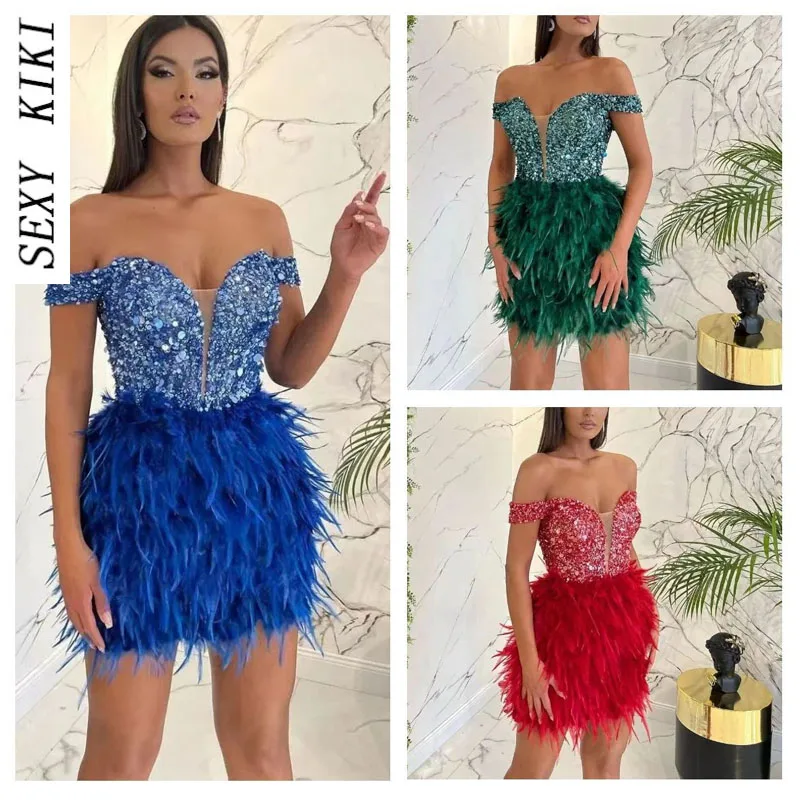 

Sequin Feathers Mini Skirt Dress Women Off Shoulder Sexy Shiny Luxury Evening Prom Party Dresses Female 2022 Summer New