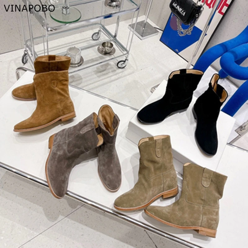 

Suede Genuine Leather Womer Boots Calfskin Motorcycle ladies Shoes Flat/ Height Increasing wedge Heels Retro Cowboy Ankle Boots