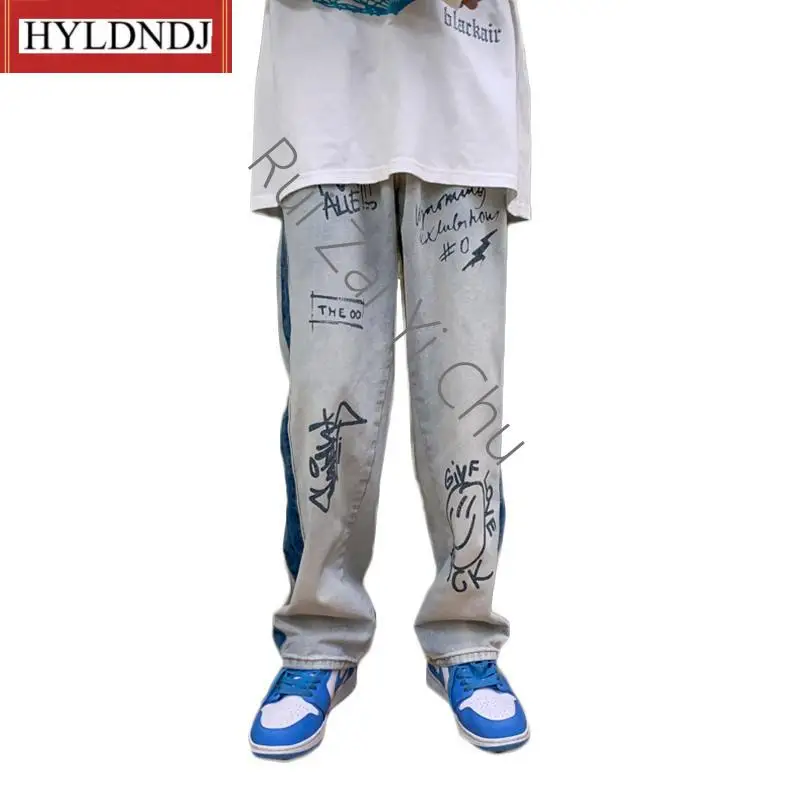 Men's Korean Version Loose and Fashionable Floor Long Pants 2023 New Personalized Printed Straight Fashion Brand Jeans