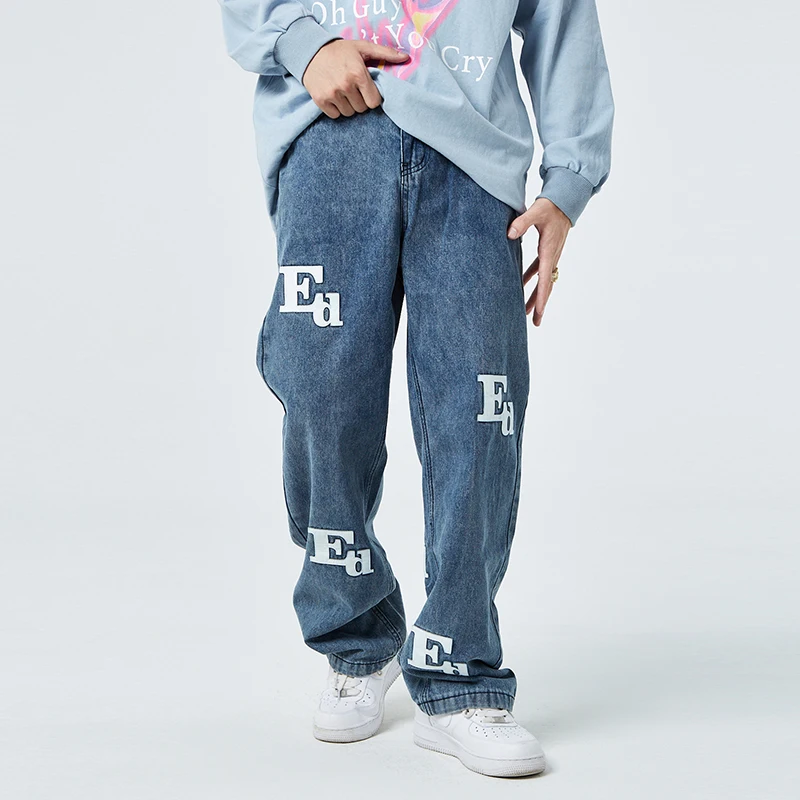 Streetwear Leather Letter Embroidery Washed Jeans Pants for Men and Women Oversize Straight Retro Casual Baggy Denim Trousers