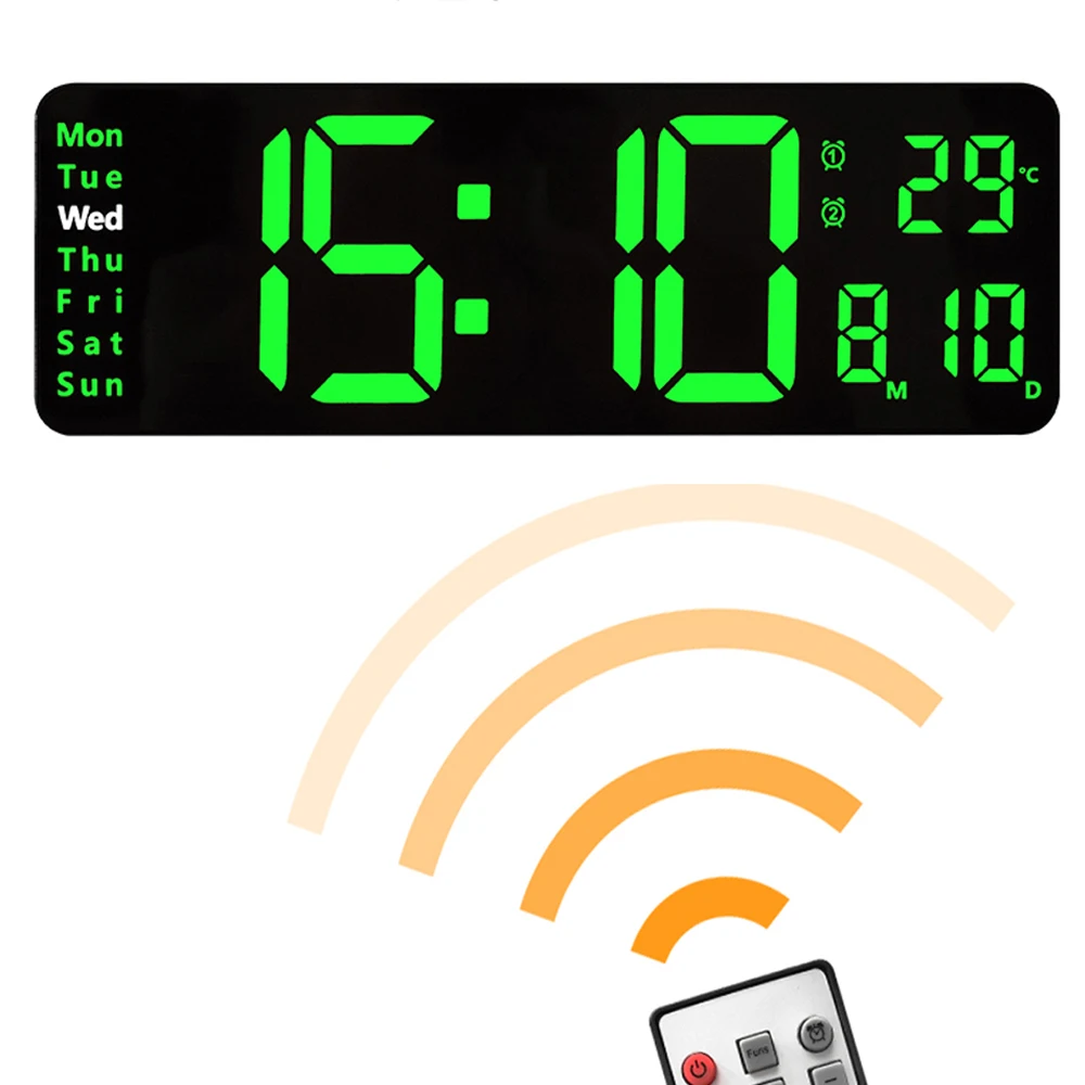 

Big Digital Led Wall Clock with Calendar and Temperature Thermometer. Table Desktop Alarm Clock for Home or Office Decoration