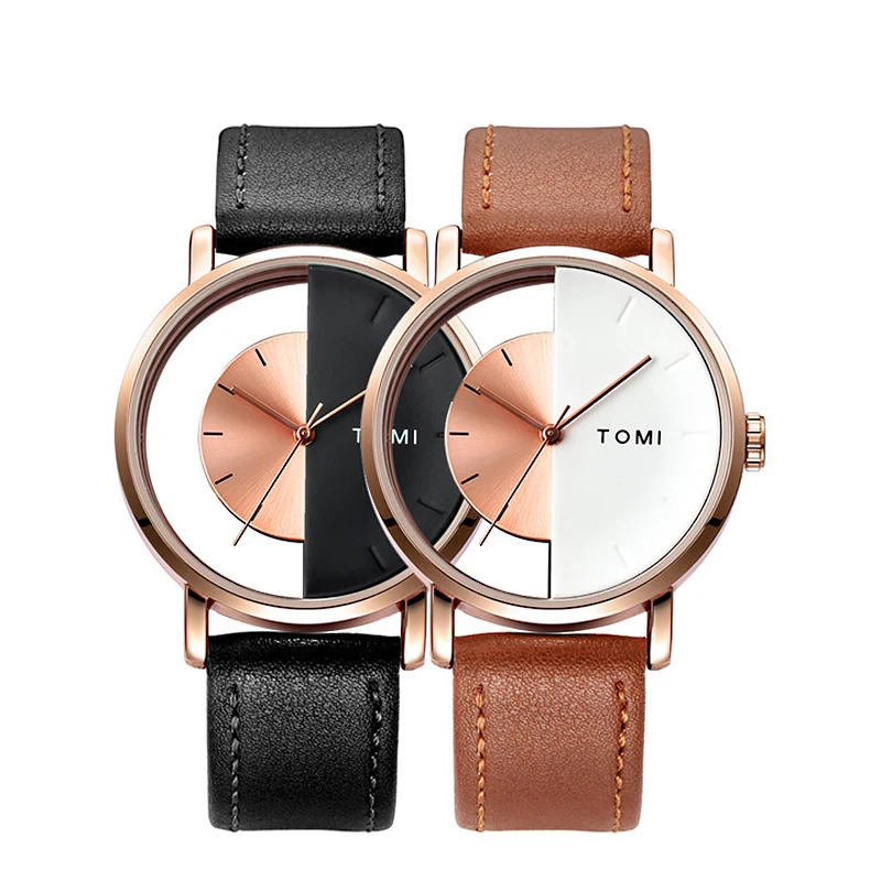 2023 New Hot Simple Casual Leather Watch Strap Creative Dual Color Dial Women's Quartz Watch High end Gift for Girlfriend