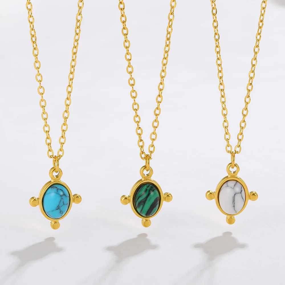 

Turquoise Gold Color Stainless Steel Necklace For Women Oval Opal Choker Cross Natural Stone Collar Retro Jewelry Free Shipping