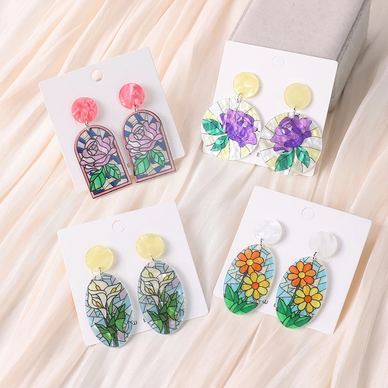 

1Pair Fashion Stud Earrings Acrylic Multicolour 3D Rose Daisy Printing Jewelry Charms For Woman Girls Festival Birthday Gift