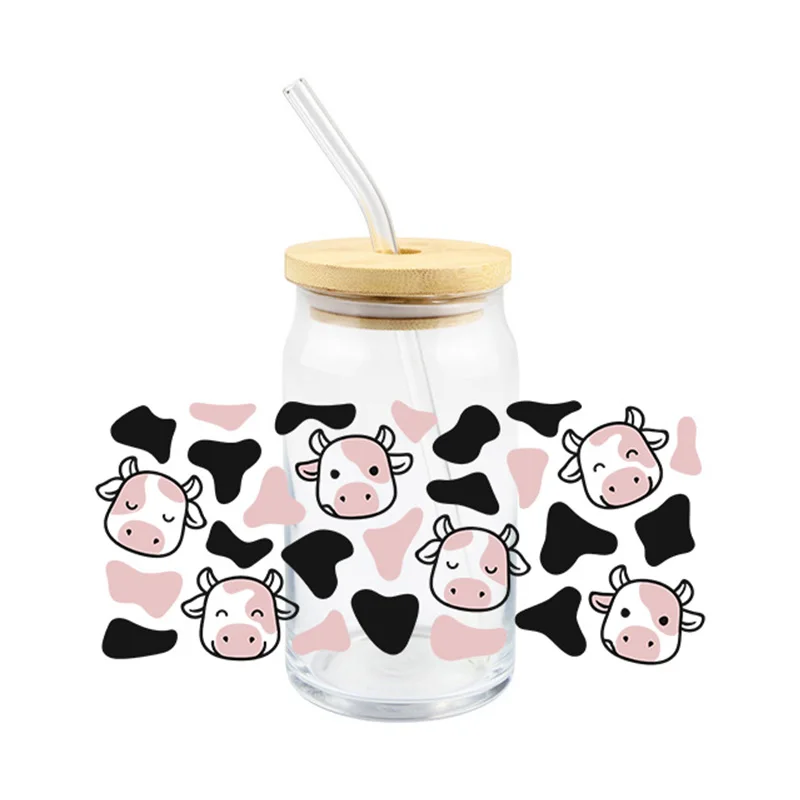 

Cute Cow Sticker UV DTF Transfer Wraps Print For Glass Cups 16OZ Pink Fashion Animal DIY Glass Can Bottle Waterproof Decals
