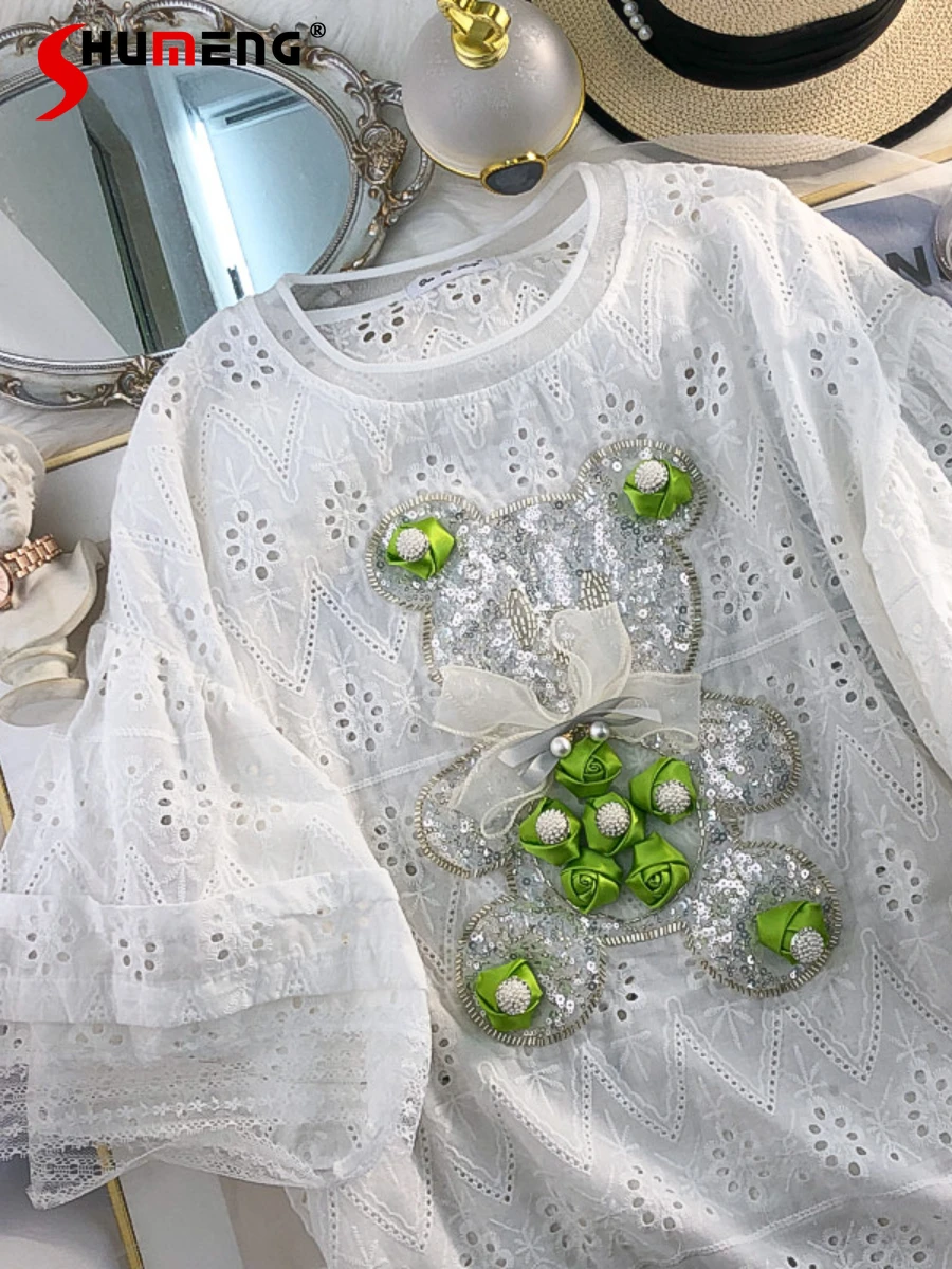 

Women's 2022 Summer New Fashion Sweet Beads Hollow-out Dress Ladies Fairy 3D Flower Bell Sleeve Bear Round Neck Pullover Dress