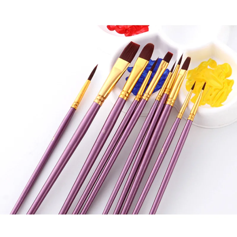 

10 Pcs Paint Brush Set High Quality Nylon Hair Purple Handle Artist Paint Brush Office Supplies Oil Brush Painting Art Supplies