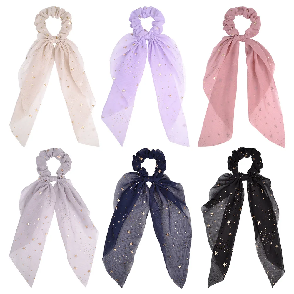 

Bling Scarf Scrunchies for Women Girls Gold Stars Long Ribbon Elastic Hair Rubber Bands Ponytail Holder Hair Ties Accessories