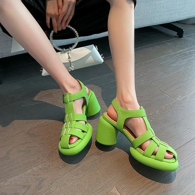 

Roman Sandals 2022 Women's New Summer Woven Hollow Cage Shoes Fashion All-match Leather Thick Heels High Heels Toe Sandals Women