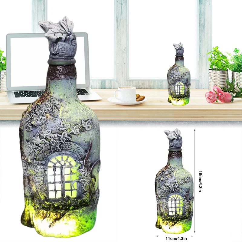 

Fairy Garden Statue Ornament with Light Wine Bottle Shape Resin Decor Lamp Magical Lawn Home Shelf Decoration 16cm Accessories