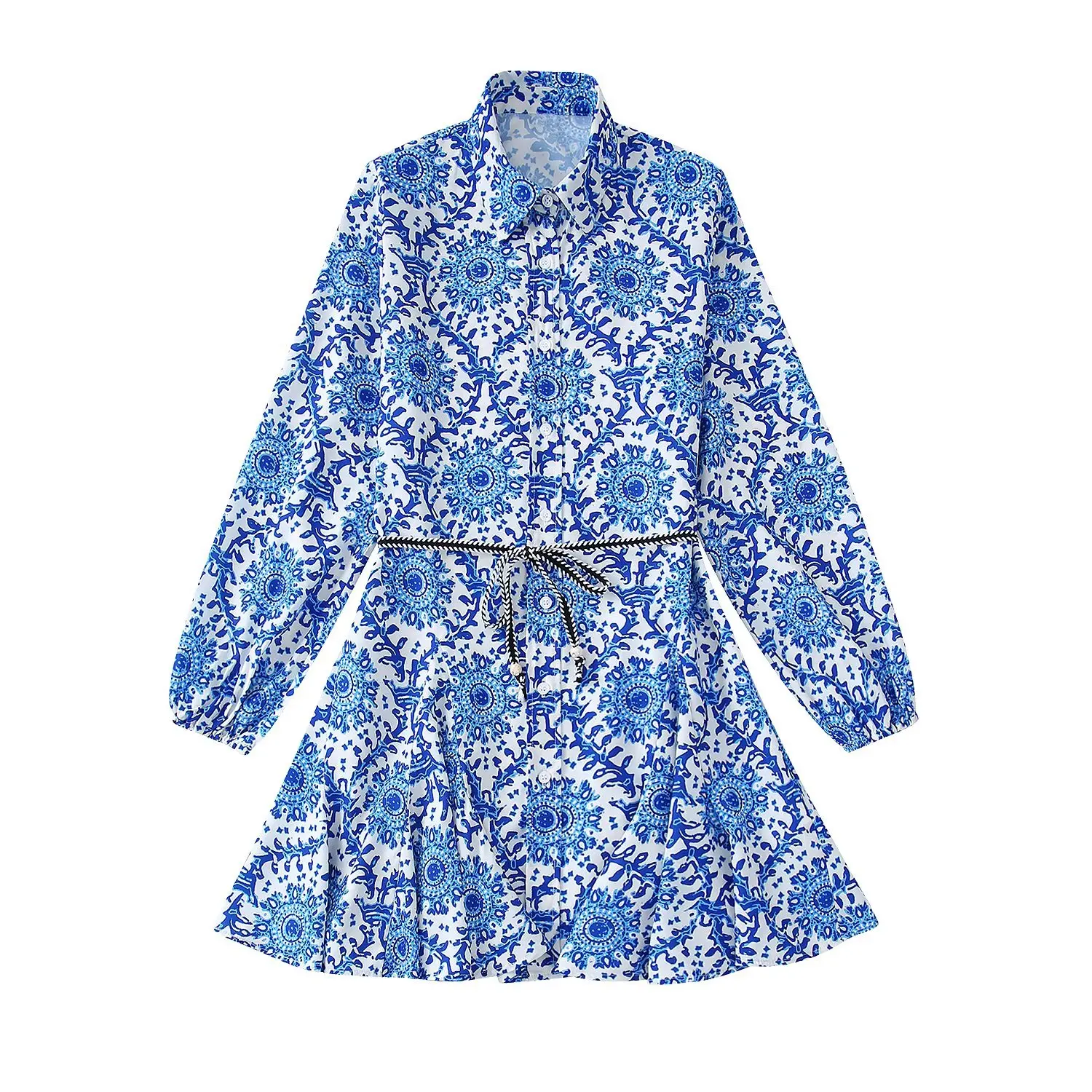 

Женское мини-платье с отложным воротником, длинным рукавом и принтом