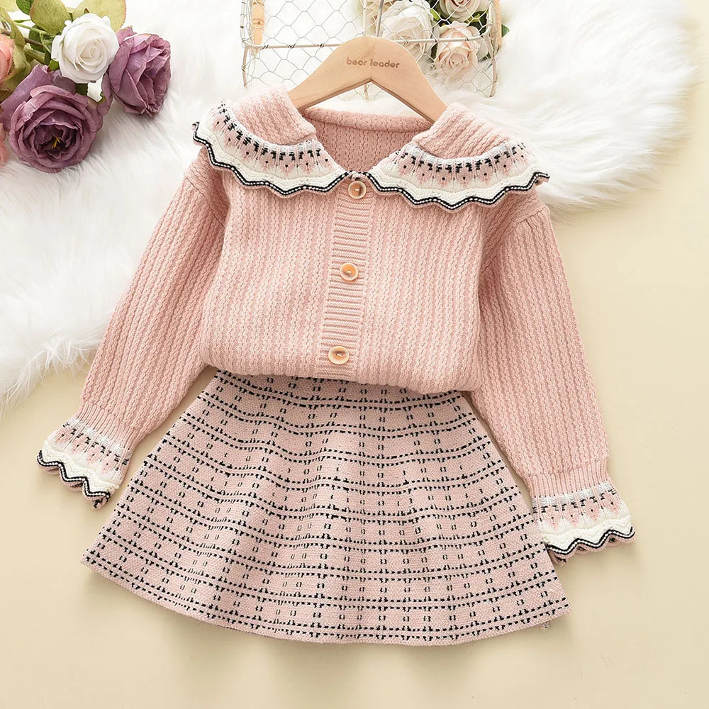 

Melario Winter Baby Girls Christmas Clothes Vintage Knit Sweater Knit Cardigan Doll Collar Lace Sweater Striped Skirt 2pcs 2-6 Y