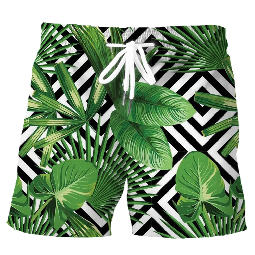 

HX Hawaiian Beach Shorts Polynesian Striped Leaves Splicing Printed Board Shorts Pants Fashion Men Clothing Ropa Hombre