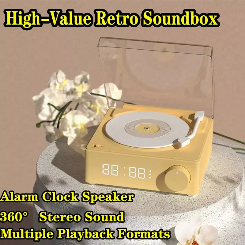 

Retro Vinyl Bluetooth Alarm Clock Speaker Card Wireless Soundbox 3D Record Player Home Subwoofer Audio High-value Birthday Gift