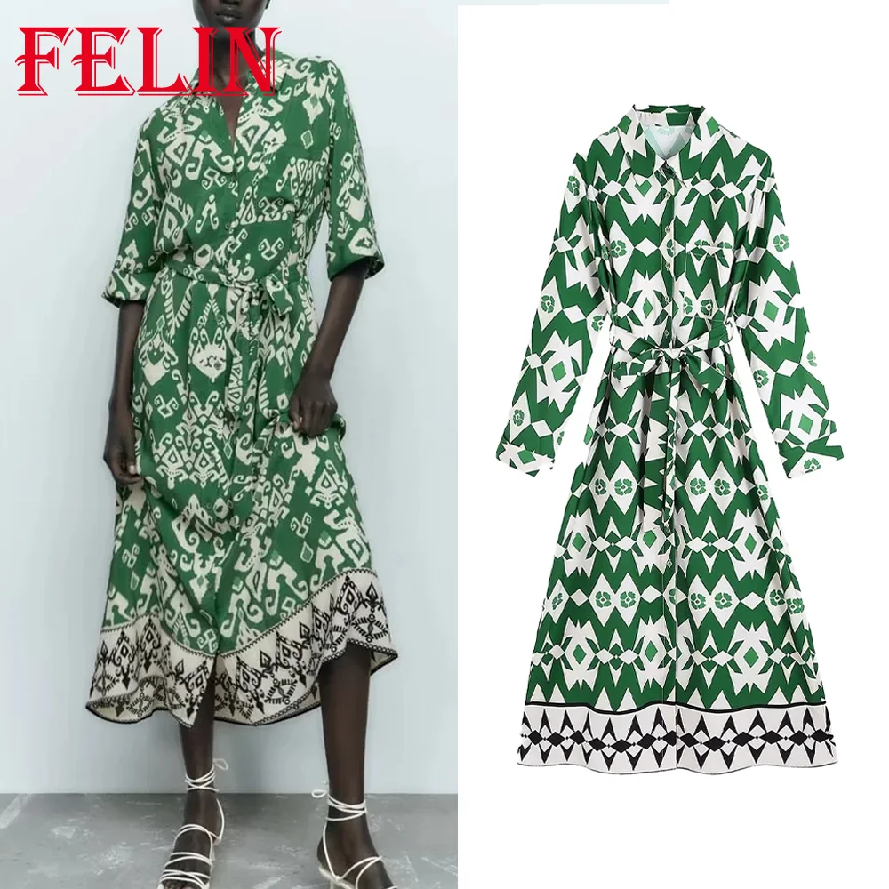 

TRAF Woman Fashion 2022 Autumn Vintage Green Flower Print Sashes Belt Dress Three Quarter Sleeve Front Buttons Female Dresses