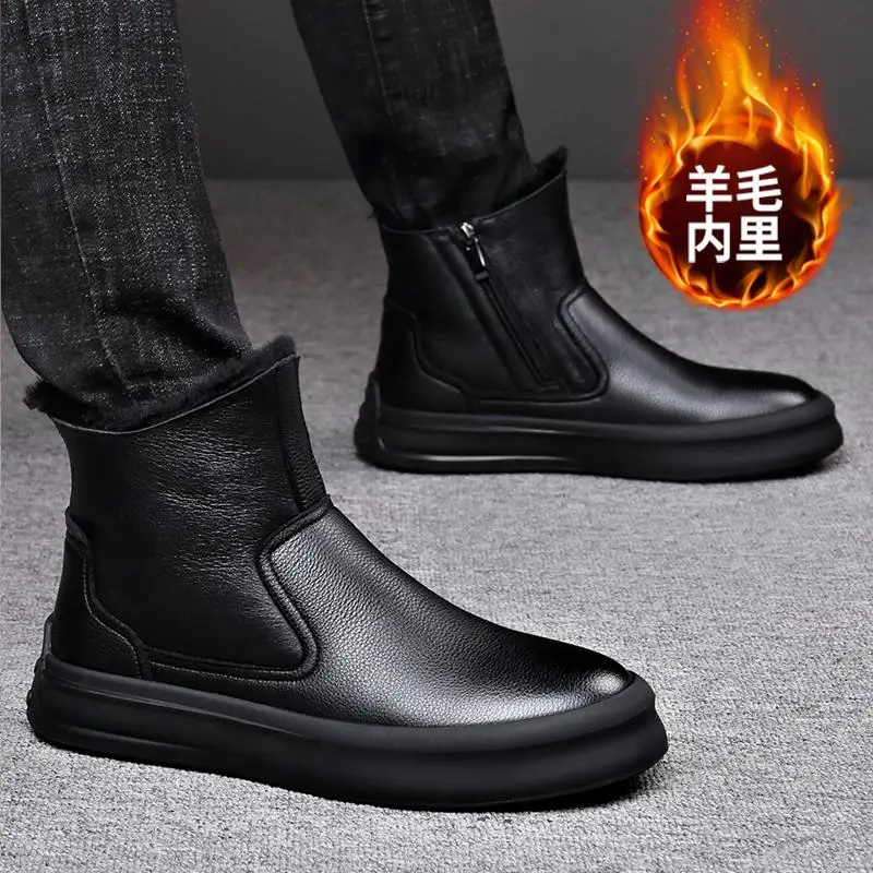 Мужские зимние ботинки с меховым интегрированием шерсть на толстой подошве для