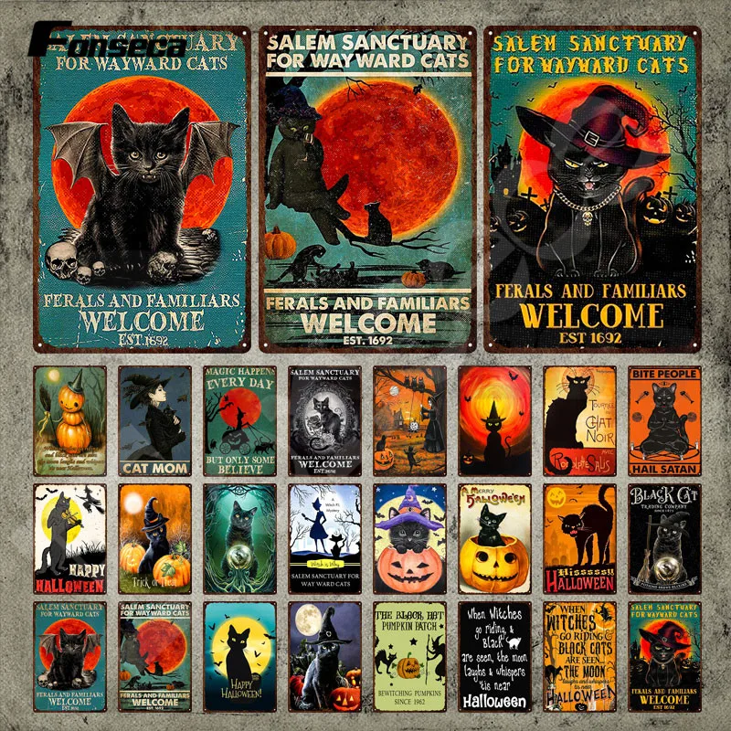 

Металлический плакат в виде черной кошки, обозрелья и знаки для семьи, добро пожаловать est., металлический знак, винтажный жестяной знак, Хэллоуин, тыква, кот, табличка, декор для комнаты