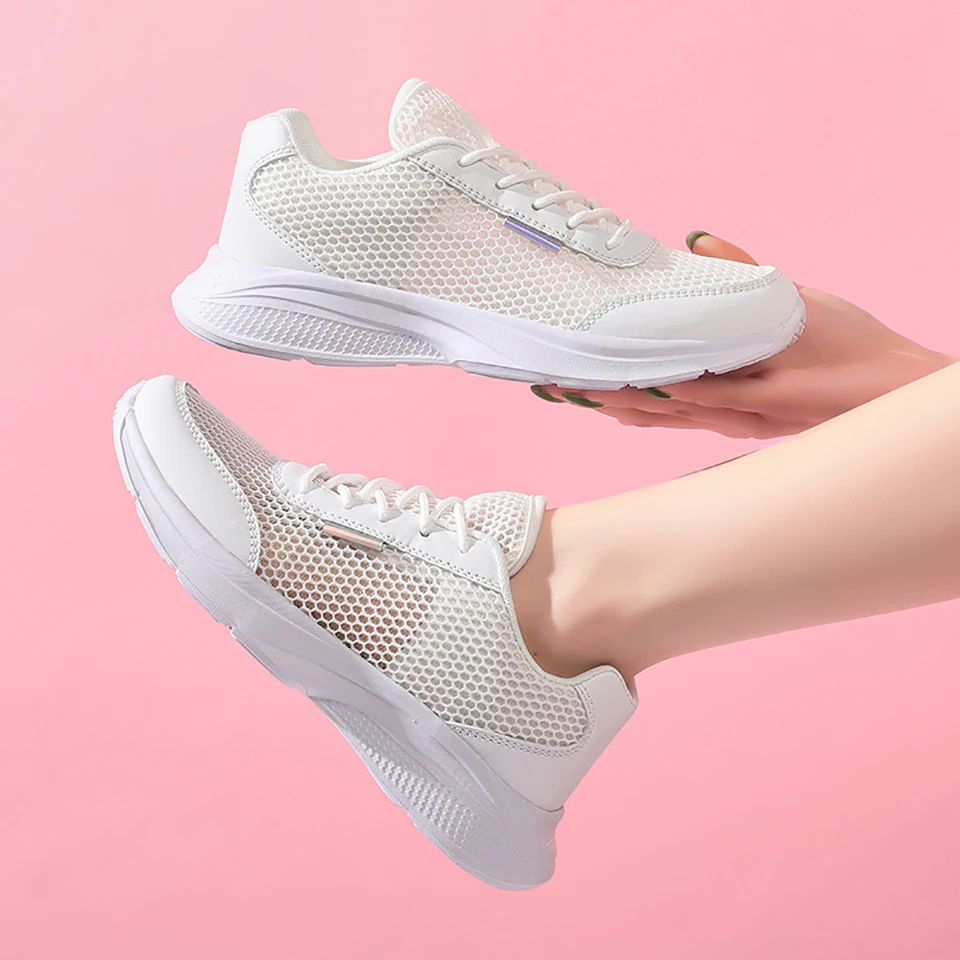 Loekeah Mesh Running Shoes Light Weight Women Casual Sneakers Outdoor Sports Breathable Flat Footwear Lace-Up Fashion Shoes