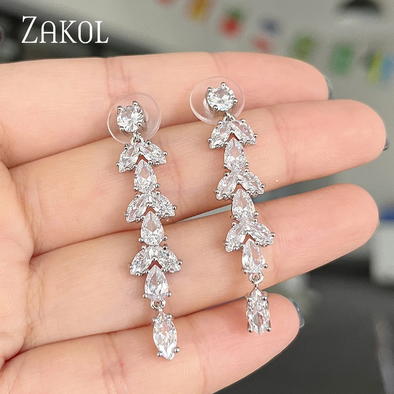 

ZAKOL New Water Drop Silver Color AAA Cubic Zirconia Leaf Long Dangle Earrings for Women Wedding Jewelry Birthday Gifts