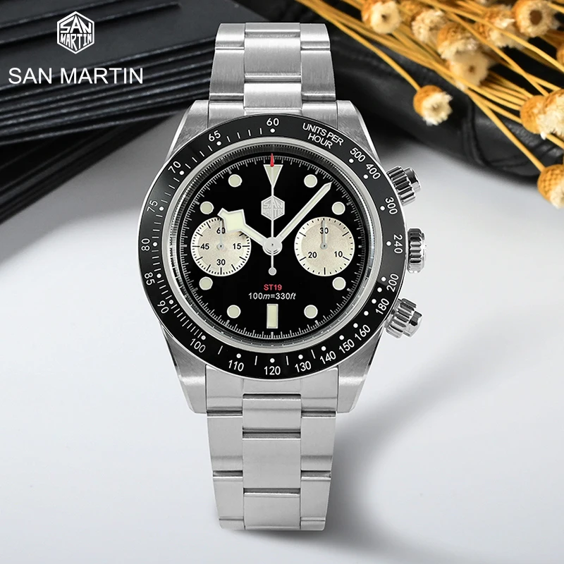 

San Martin Men Watch 40mm Panda BB Chronograph Retro Luxury Seagull ST1901 Manual Mechanical Sapphire 10Bar C3 Luminous Watch