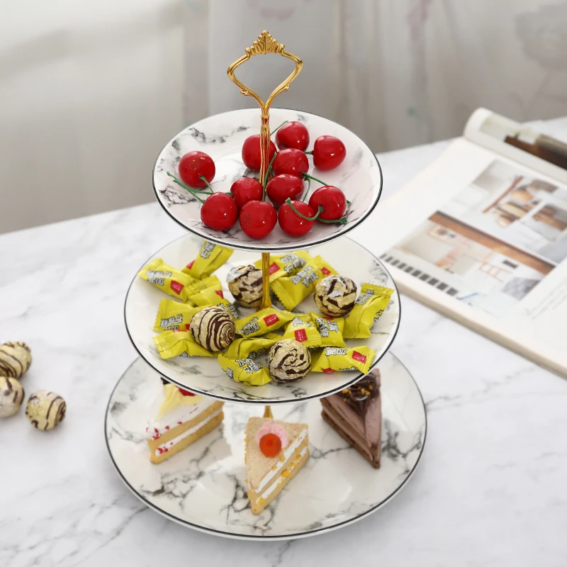 

Керамическая трехслойная Подставка под торт в европейском стиле, Мраморная тарелка для столовых приборов, закусок, поднос для конфет, 2-слой...