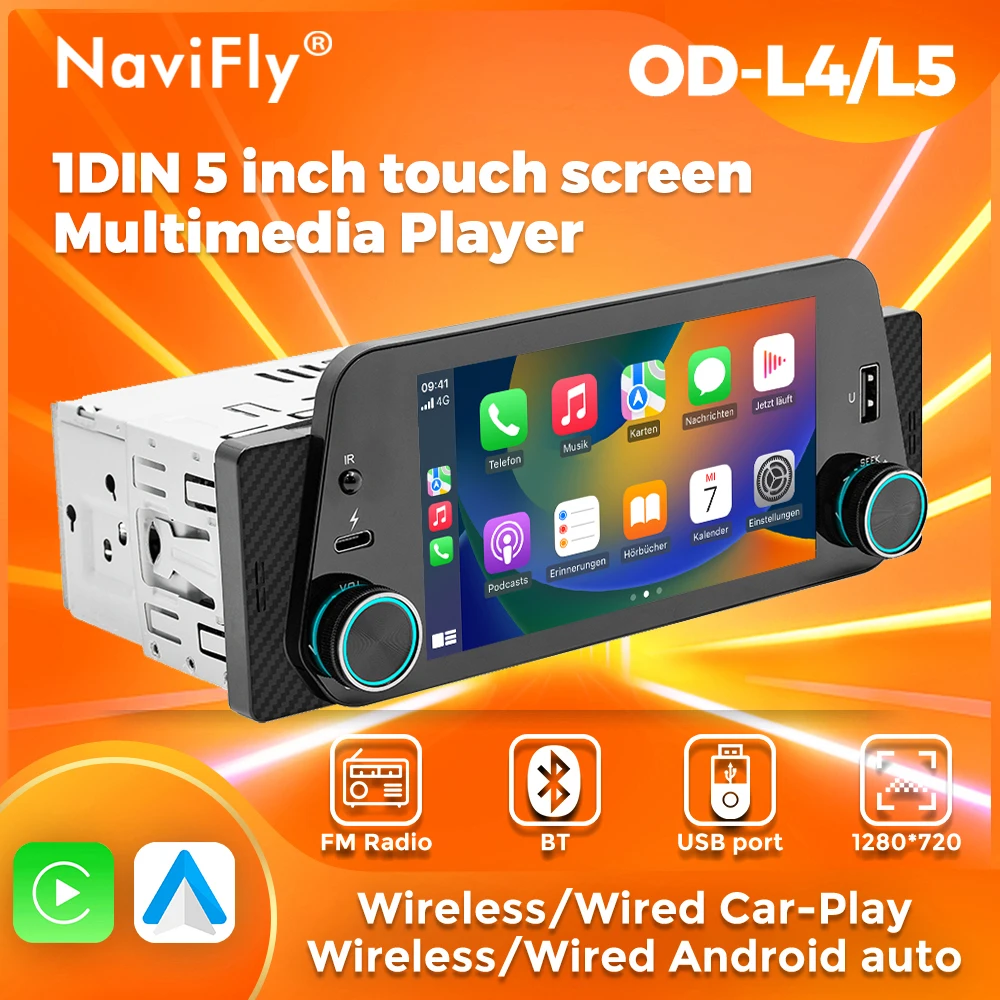 NaviFly 5 HD CarPlay Беспроводной Android Авто Радио 1 Din Универсальный MP3-плеер для мобильного