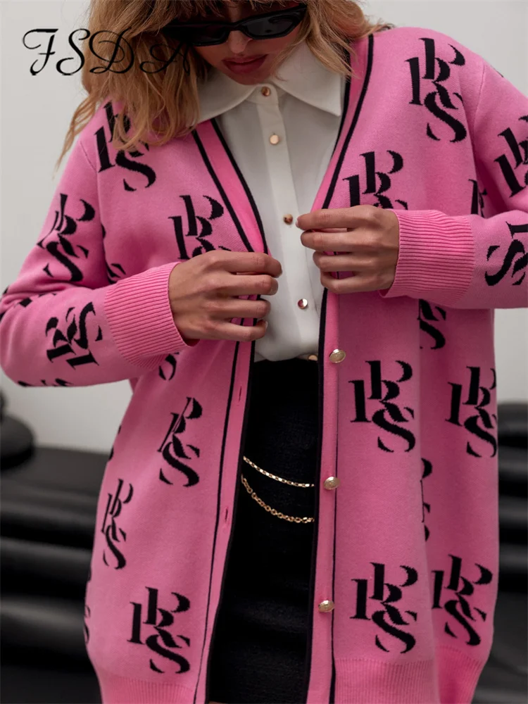 

FSDA Women letter Print Oversize Cardigan Soft V Neck Thick Knitted Jacket Winter Button Vintage Cardigan For Female