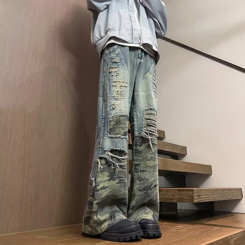 FEWQ High Street Американские камуфляжные микро-расклешенные джинсы с модным дизайном