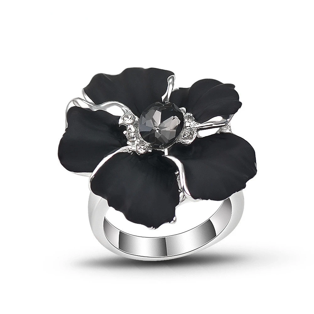 

Vintage Silver Gold Exaggerated Chunky Rings for Women Black Enameling Big Simulated Opal Flower Finger Ring Fashion Jewelry