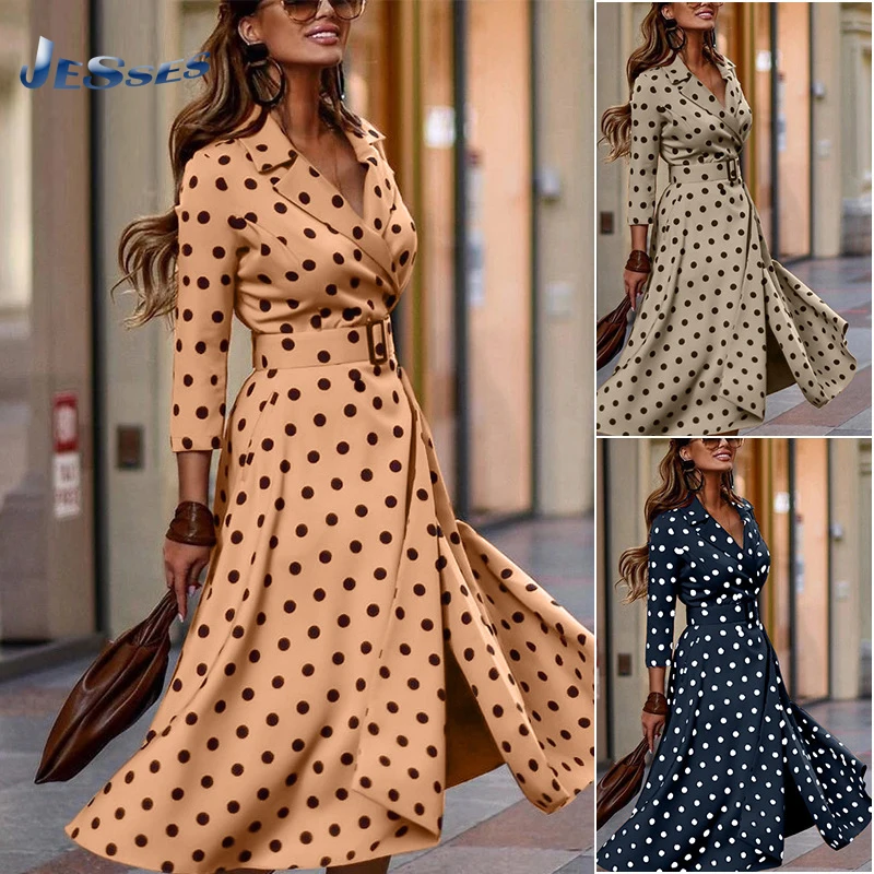 Autumn Women's Retro Long Skirt Casual V-neck Polka Dot Print Party Long-sleeved Dress Female Bohemian Beach Holiday Dress