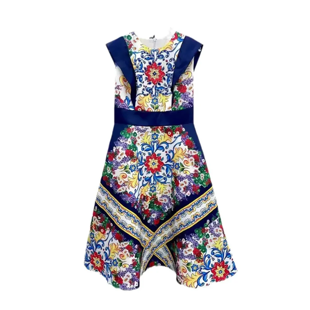 2024 новое летнее женское платье с круглым вырезом без рукавов украшенное стразами