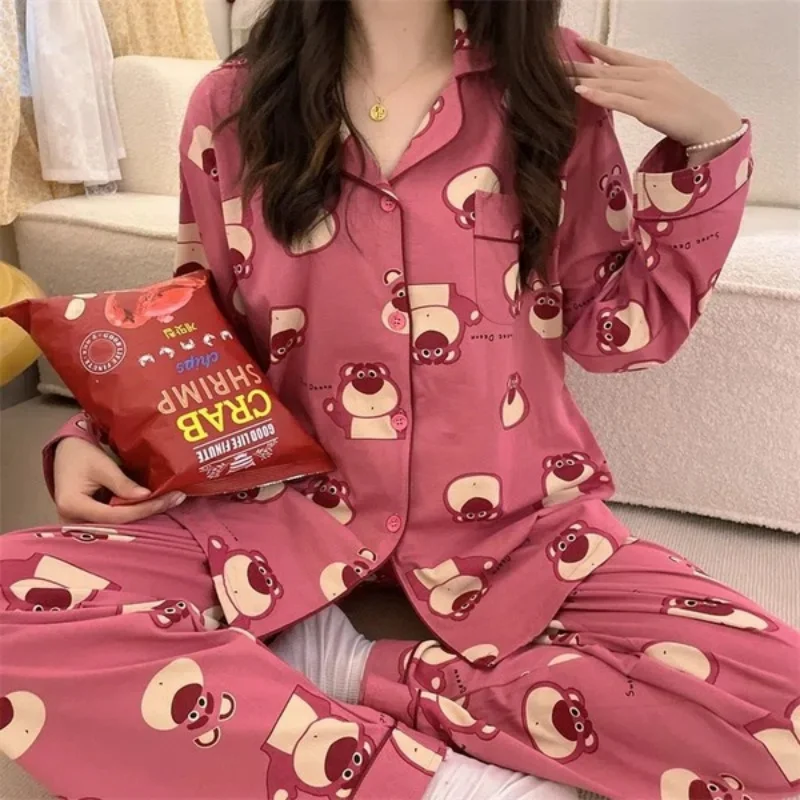 New Pajamas For Women's Autumn And Winter Long Sleeve Cartoon Strawberry Bear Cute Girl Nightwear Female Set 2 Pieces Fashion