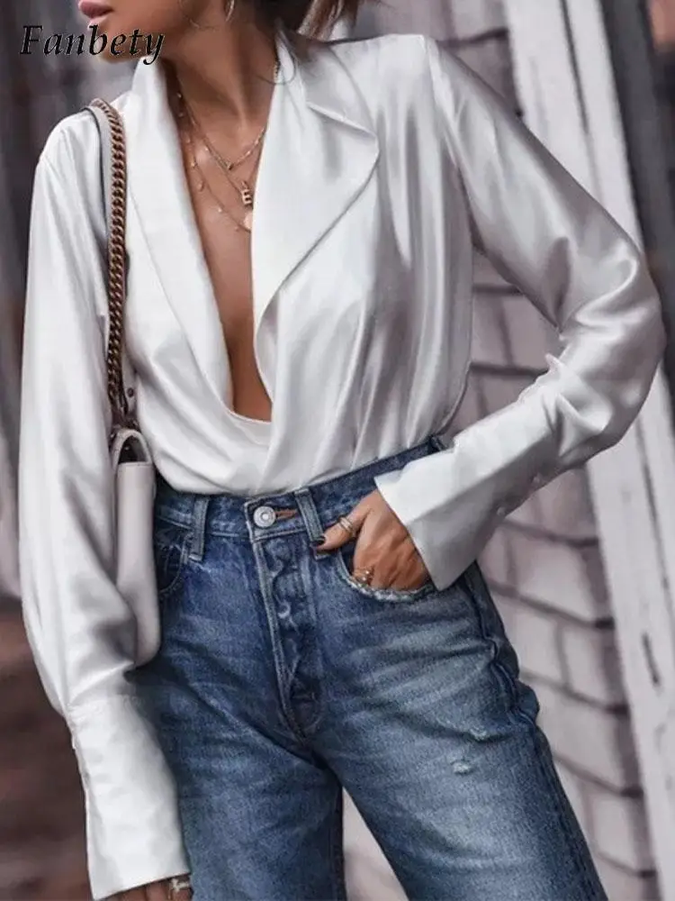 

Women Elegant Solid Draped Satin Blouse Shirts Spring Fashion V-Neck Pullover Tops Summer Office Lady Casual Long Sleeve Blusa