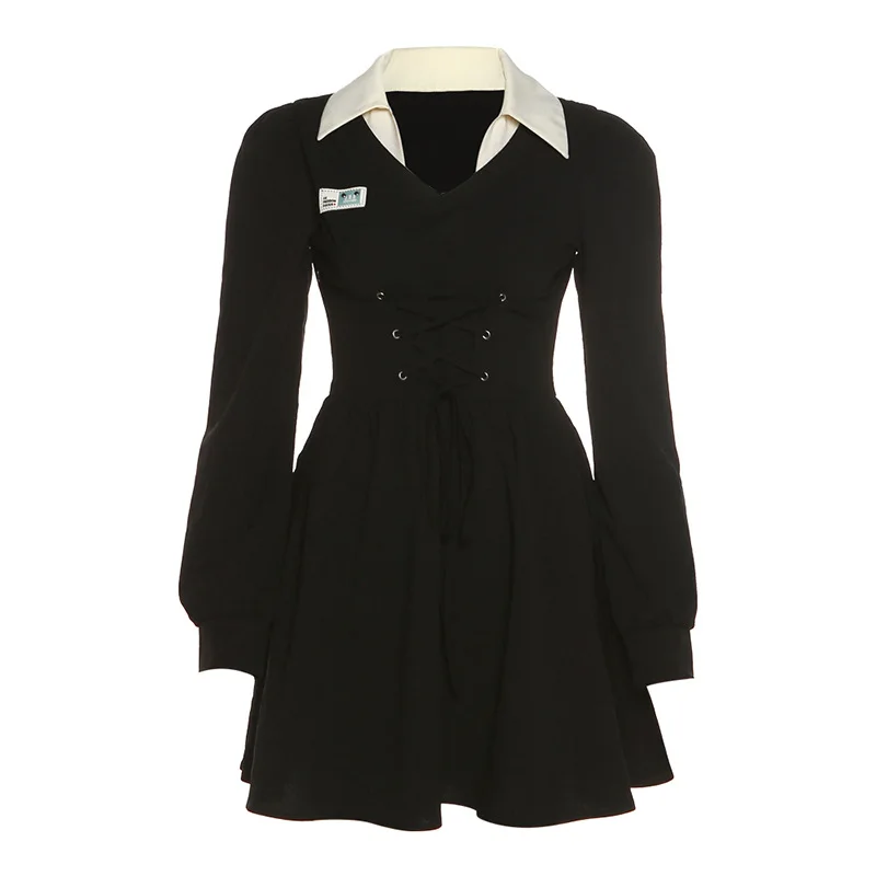 

Женское платье с отложным воротником, однотонное облегающее платье мини в европейском стиле с высокой талией и длинным рукавом, весна