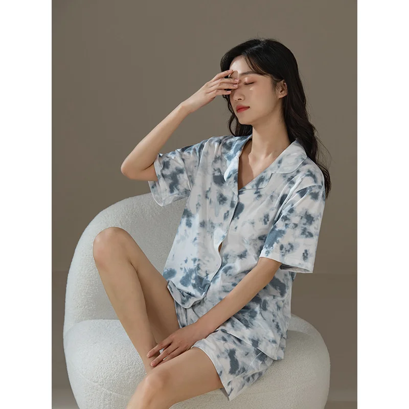 

New Women's Pajamas Summer Pure Cotton Thin Short Sleeve Cardigan Polo Collar Blue Sky White Cloud Tie Dyed Home Pyjamas Sets