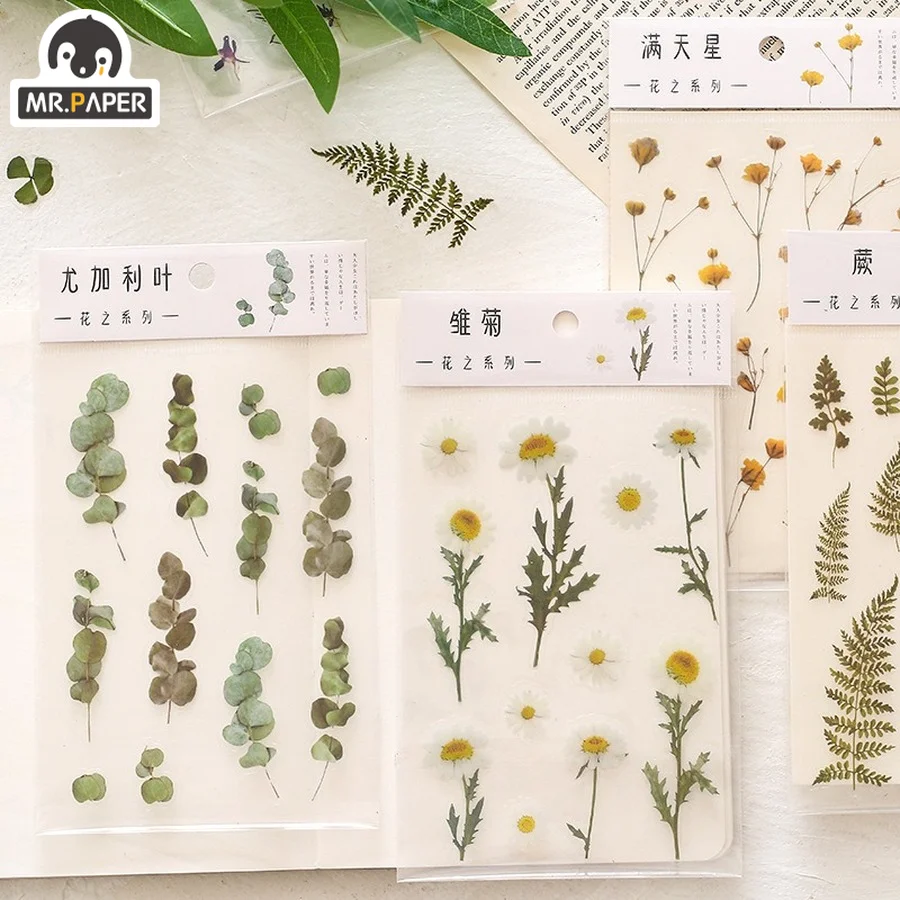 

Mr. Paper 12Styles Beautiful Plant Flower PET Sticker Literary DIY Hand Account Decorative Material Stickers for Kids Stationery