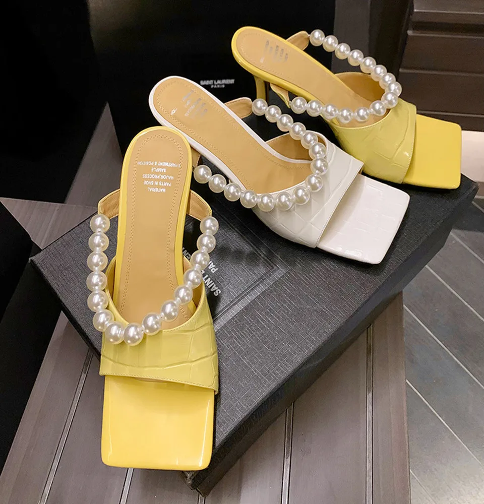 

INS Pearl Strappy Sandals 2023 Summer Fashion Solid Colors Women Shoes Thin High Heel Square Toe Pumps Slip On Zapatillas Mujer