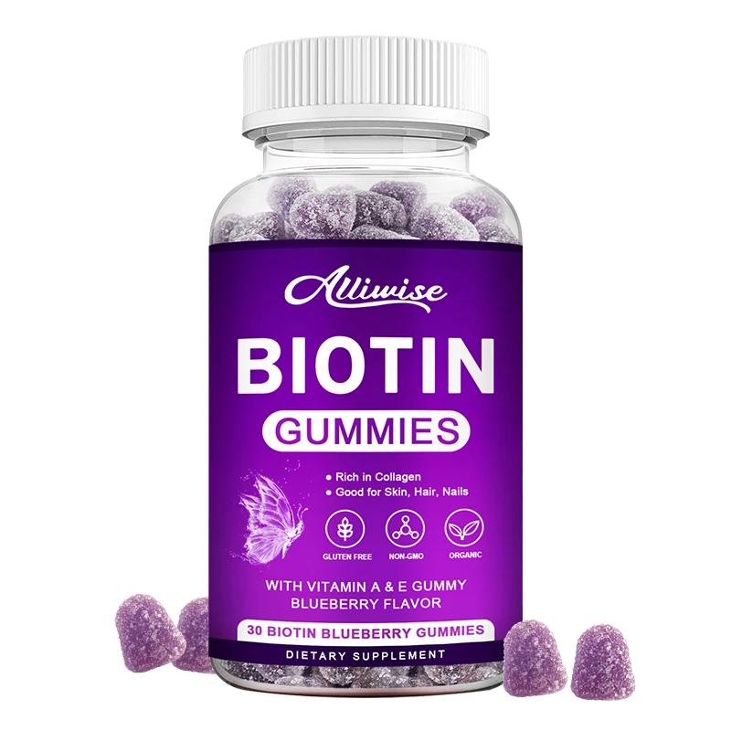 

Alliwise Biotin жевательные коллаген для роста волос отбеливающий уход за кожей здоровые ногти и Антивозрастные витамины C E пищевая добавка