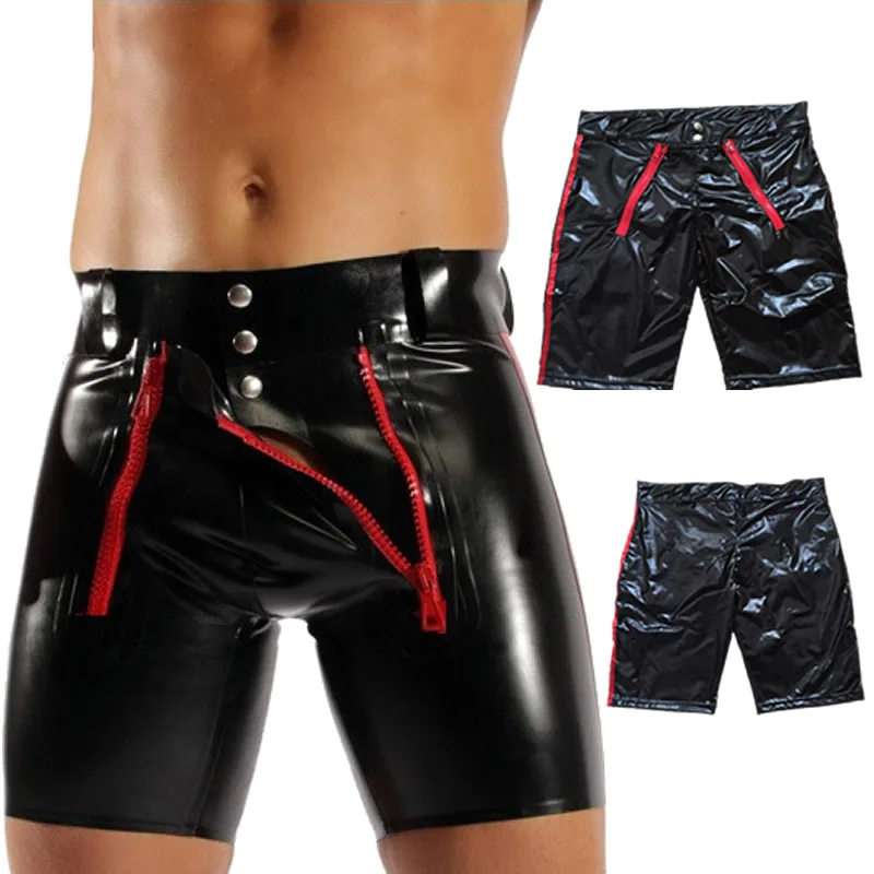 

S-4XL Mens PU Leather Wet Look Tight Shorts Stage Dance Clubwear Zipper Open Crotch Boxer Shorts Black Costumes Male Short Pants