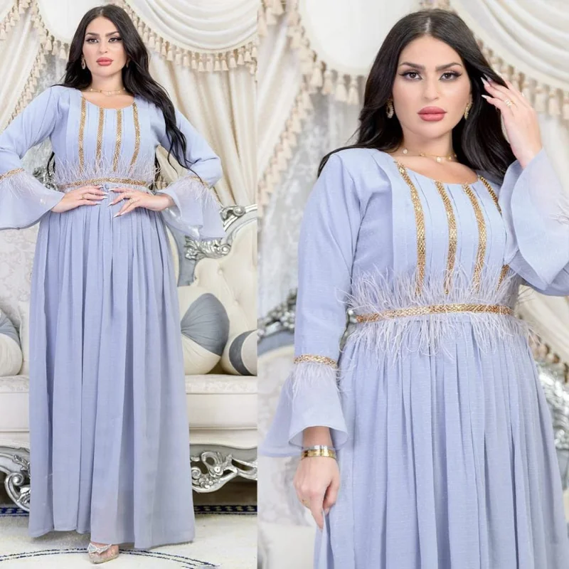 Abaya Dress Summer Elegant Muslim Women Long Sleeve O-neck Blue Pink Green Polyester Long Abaya Muslim Fashion Dresses