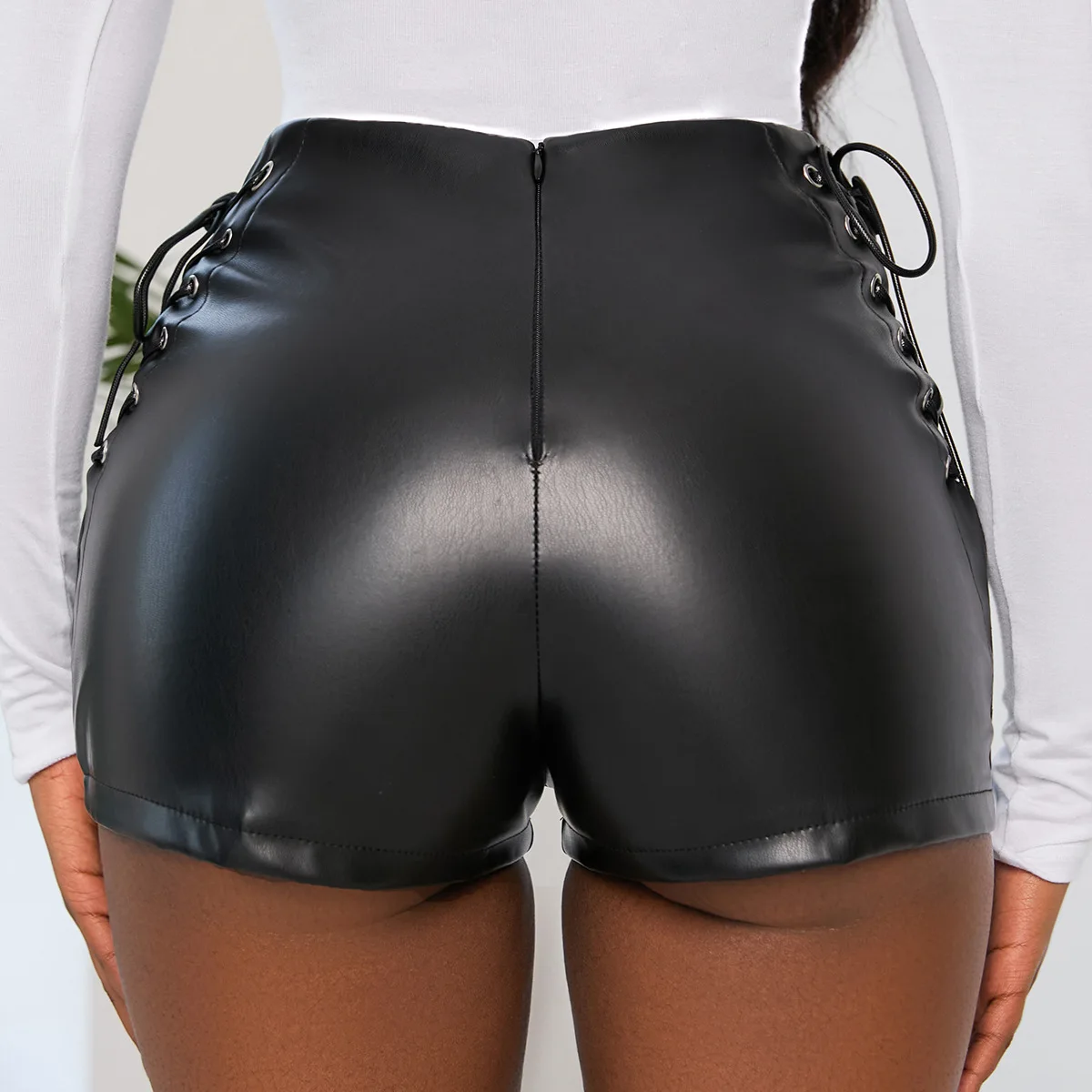 Women's Black Leather Shorts Elastic Slim Tights Spring Leisure Leather High Waist Lace-up Hip Lifting Shorts Women Clothing