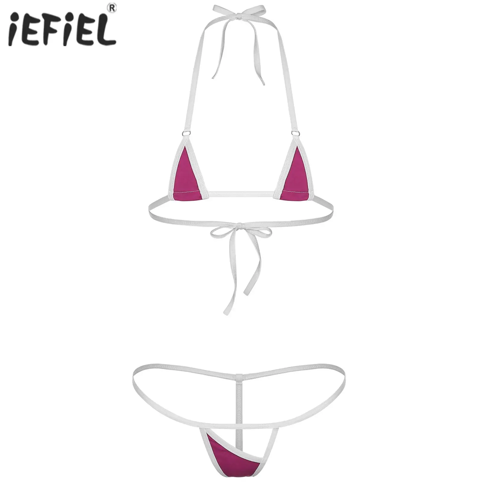 

Women Adults Sexy Lingerie Exotic Set Micro Bathing Suits Bikini Swimsuit Swimwear Halter Hollow Out Bra Top Low Rise Thongs Set