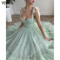 2022 new tulle hearts a line prom dresses with bow tied straps sweetheart ankle length formal party gown