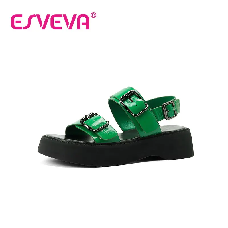 

ESVEVA 2022 Round Toe Sandal SheepSkin Med Heel Fashion Female Shoes Retro Neutral Buckle Women Pumps Big Size 34-39