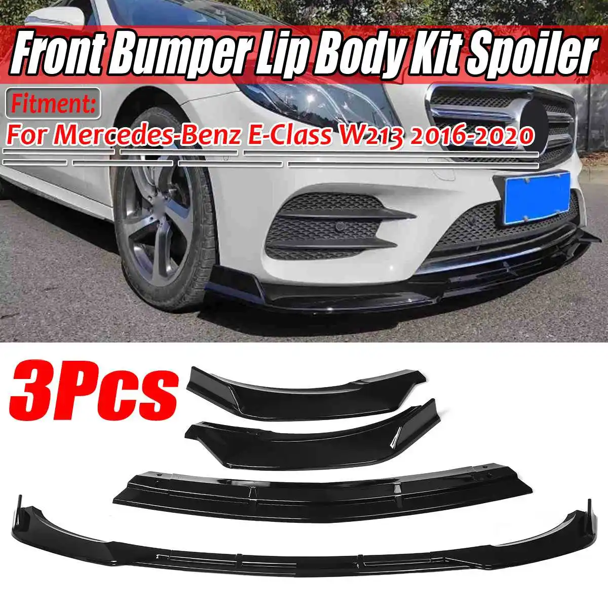 

New Glossy Black 3xCar Front Bumper Splitter Lip Spoiler Cover Trim Guard Protector For Mercedes For Benz E-Class W213 2016-2020