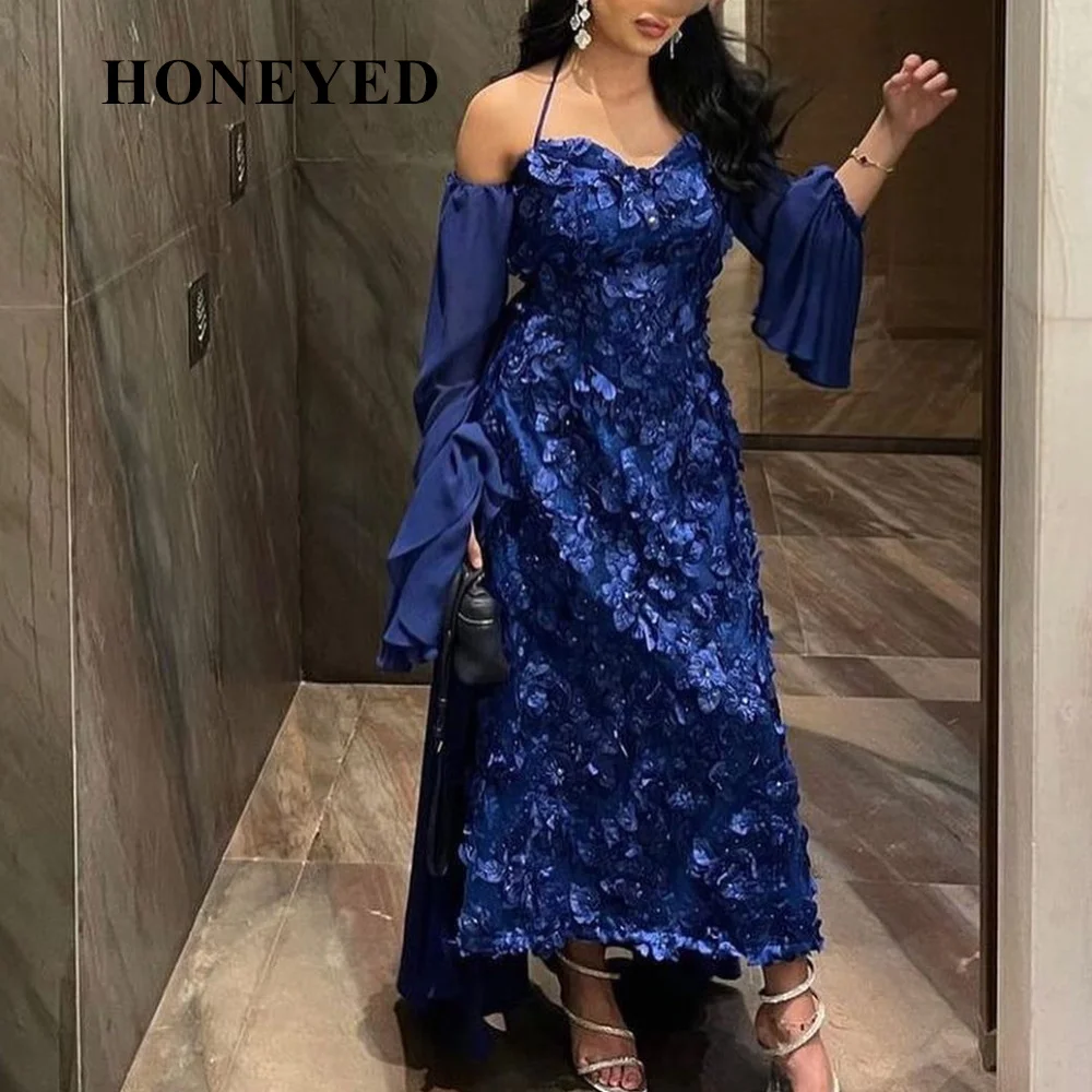 

Honeyed Sweetheart Evening Dresses فساتين السهرة Ankle Length Long Sleeves Blue Elegant Party Gowns Prom Dress Robe de soirée
