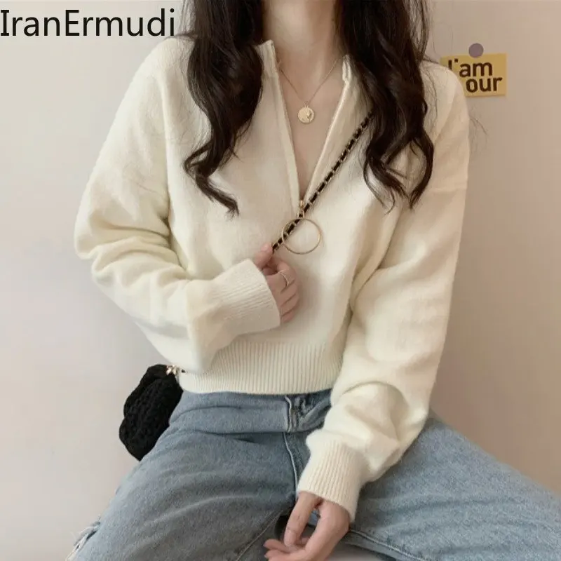 

Iranermudi Women Solid Casual Loose Sweater Long Sleeves Knitted Outwear Pullovers Autumn Winter V Neck Korean Jumpers Dropship